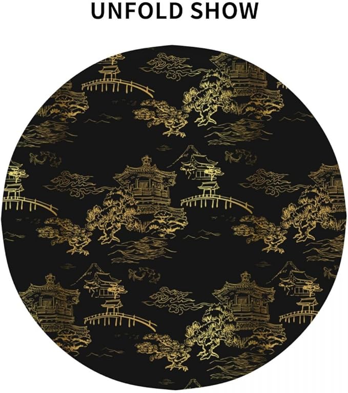 Japanese Tablecloth, Black Golden Traditioanal Chinese Landscape Oriental Vintage Water Resisitant Wipeable Table Cover for Dining Kitchen Living Room Home Party Holiday Decor 60 inch Round