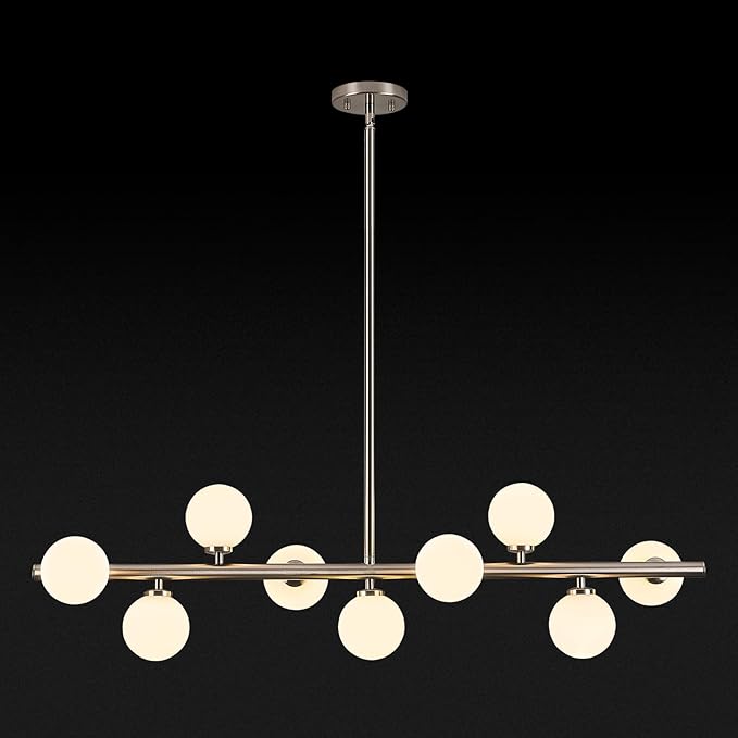 Mid Century Modern Globe Sputnik Chandelier, 9-Light Linear Chandeliers for Dining Room and Kitchen Island, Dining Light Fixture Over Table, Nickel and Milk White Glass Bubble, 40 Inch