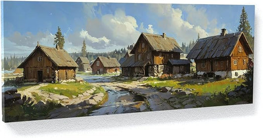 Sense Canvas Scandinavian Nordic Village 7 Canvas Art - Home Decor Wall Art Print Poster Painting Large 40x16 / 1.5"