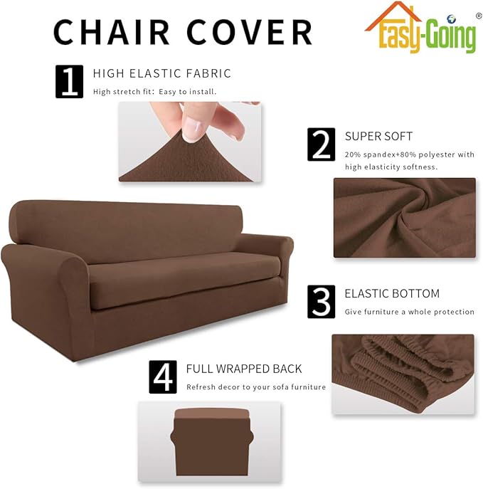 Easy-Going 2 Pieces Microfiber Stretch Sofa Slipcover – Spandex Soft Fitted Sofa Couch Cover, Washable Furniture Protector with Elastic Bottom Kids,Pet (Sofa, Brown)