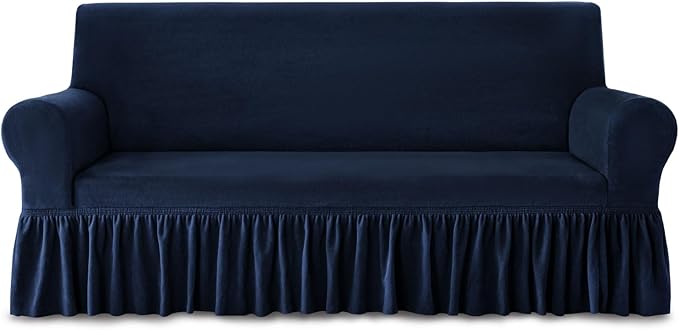 NICEEC Sofa Cover Thick Plush 1-Piece Warm Navy Blue Sofa Slipcover for Sofas Stretch Fluffy Couch Covers for Living Room Easy Fit Washable Soft Furniture Sofa Protector with Skirt