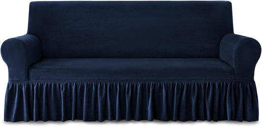 NICEEC Sofa Cover Thick Plush 1-Piece Warm Navy Blue Sofa Slipcover for Sofas Stretch Fluffy Couch Covers for Living Room Easy Fit Washable Soft Furniture Sofa Protector with Skirt