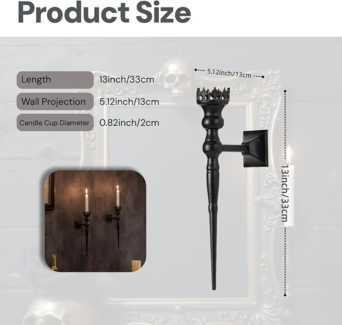 Gothic Wall Sconce Candle Holder for Taper Candles (Set of 2) Black Iron Crown and Scepter Design Victorian Wall Decor for Living Room, Bathroom,Dining Room
