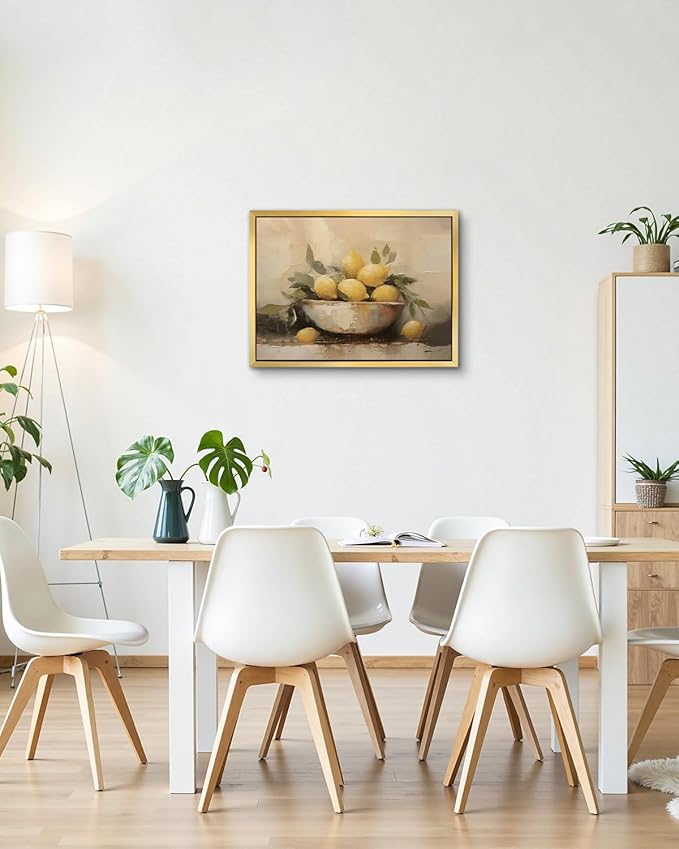 AIMAILON Vintage Gold Canvas Wall Art Framed Decor Classical Print Home Decoration for Kitchen Living Room Expressive Brushstrokes Yellow Lemon Lemon with Leaves Still Life Picture 12x16
