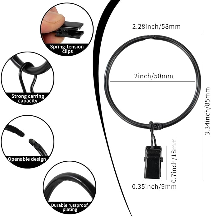 Openable Curtain Rings with Clips,2inch Inner Diameter,Heavy Duty Rustproof Metal Decorative Vintage Drapery Rings Curtain Clips Rod Hangers Door Curtain and Shower Curtain Rings Black Zocang
