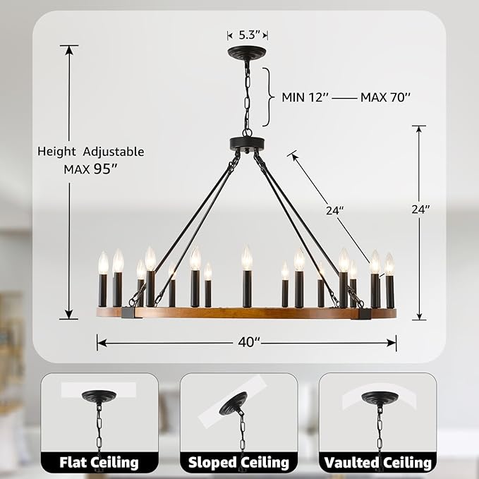 Wood Wagon Wheel Chandeliers for Dining Room 20-Light, 40'' Modern Farmhouse Chandelier, Rustic Light Fixtures for Foyer Kitchen Island Living Room Entryway, E12