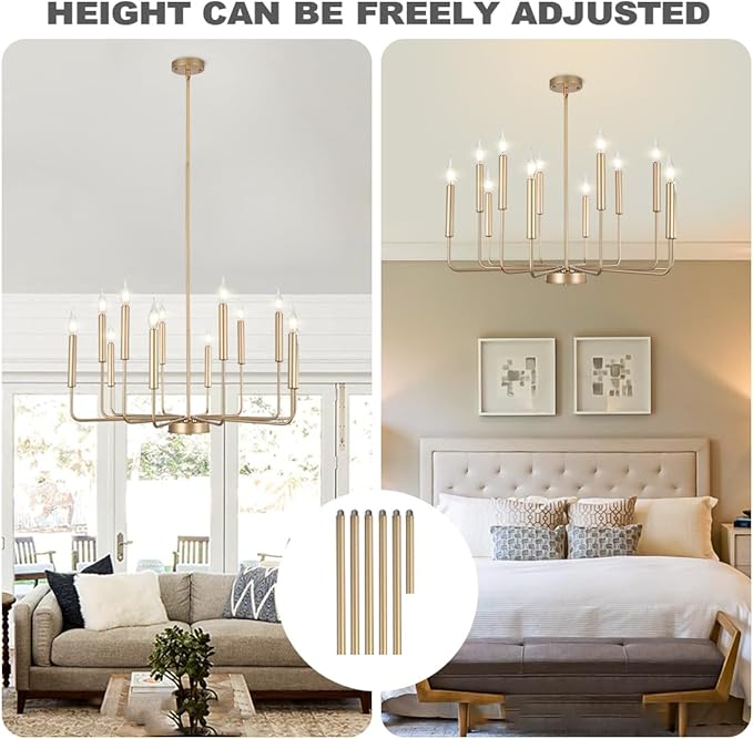 Modern Farmhouse Gold Chandelier, 12-Light Rustic Candle Chandelier, Industrial Hanging Chandeliers for Dining Room, Kitchen, Foyer, Entryway, Living Room
