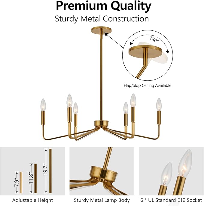 Gold Farmhouse Chandeliers for Dining Room, 6-Light Modern Chandelier Light Fixture, Brushed Brass Industrial Candle Lighting Hanging Ceiling for Living Room Bar Kitchen Island Lights