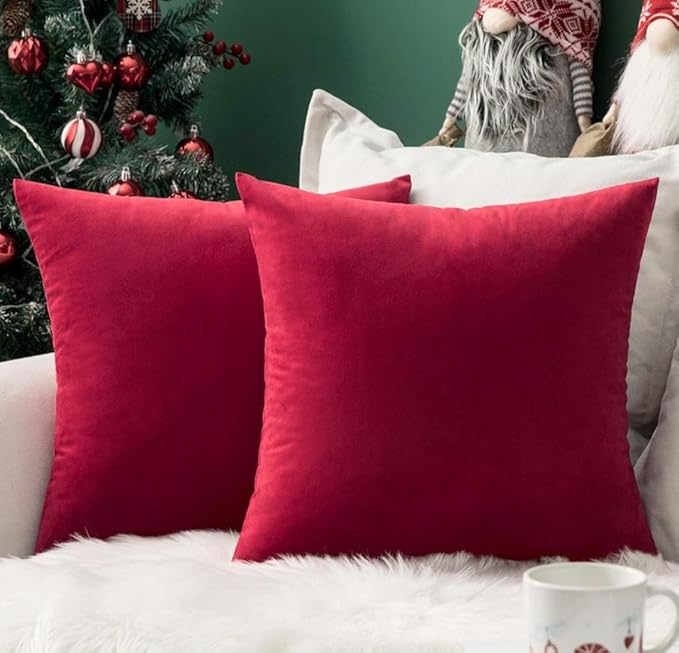 MIULEE Pack of 2 Christmas Velvet Pillow Covers Decorative Small Pillowcase Soft Solid Cushion Case Home Decor for Couch Sofa Bedroom Car 12x12 Inch Red