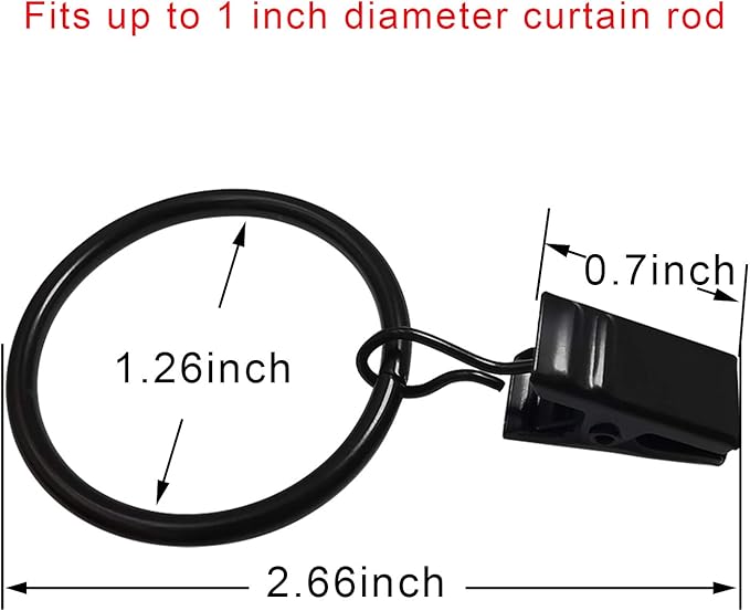 90 Pack Curtain Rings with Clips, Drapery Clips with Rings, Drapes Rings 1.26 in Interior Diameter, Fits up to 1 in Curtain Rod, Black