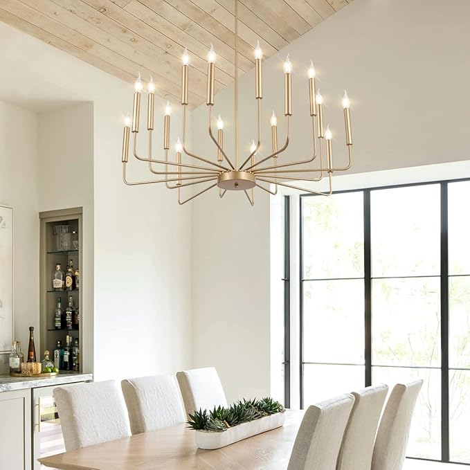 Modern Farmhouse Gold Chandelier, 16-Light Rustic Candle Chandelier, Industrial Hanging Chandeliers for Dining Room, Kitchen, Foyer, Entryway, Living Room