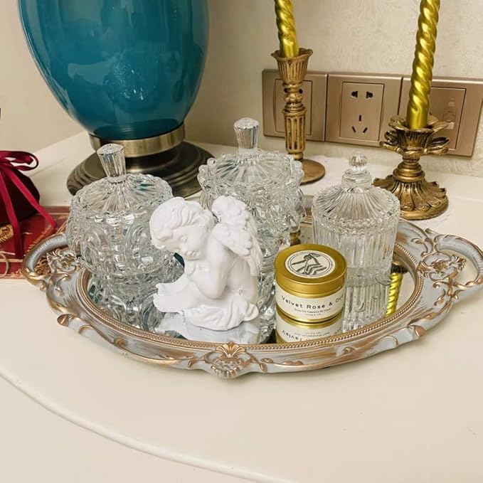Oval Vintage Decorative Mirror Tray, Jewelry Dresser Organizer Tray, Cosmetics Makeup Storage Organizer, Serving Tray (9.8”x 14.6”) Gray