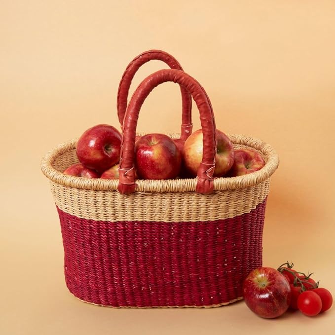Red Block Picnic Basket, Reusable Grocery Bag, Farmers Market Tote, Shopping, Fruit Picking, Harvesting, Foraging, Kitchen Countertop, Decorative, Wicker, Woven