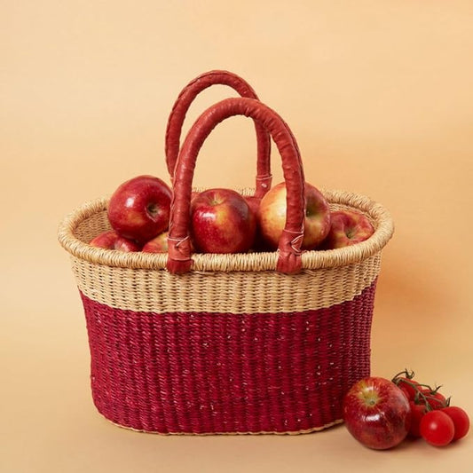 Red Block Picnic Basket, Reusable Grocery Bag, Farmers Market Tote, Shopping, Fruit Picking, Harvesting, Foraging, Kitchen Countertop, Decorative, Wicker, Woven