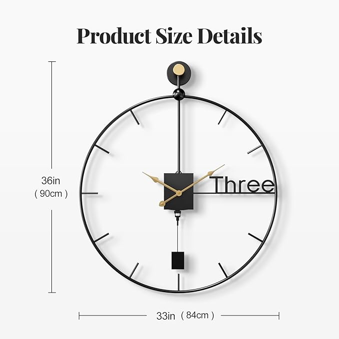 36 inch Extra Large Wall Clock Modern Battery Operated Wall Clock with Pendulum, Silent Non-Ticking Metal Clock for Living Room Decor, Decorative Hanging Clock for Bedroom, Office, Kitchen, Home