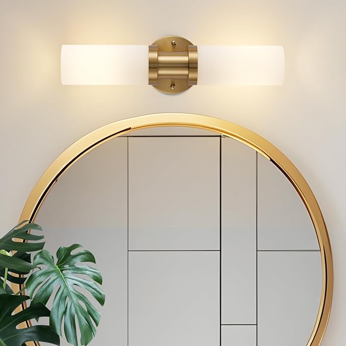 Brushed Gold Wall Sconces, 17.5 inch Modern Wall Sconces Lighting with Milk White Glass Shade, Gold Vanity Light Wall Lamp for Mirror Bathroom Kitchen Living Room