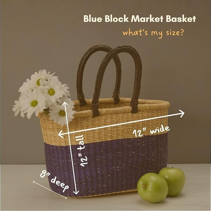 Blue Block Picnic Basket, Reusable Grocery Bag, Farmers Market Tote, Shopping, Fruit Picking, Harvesting, Foraging, Kitchen Countertop, Decorative, Wicker, Woven