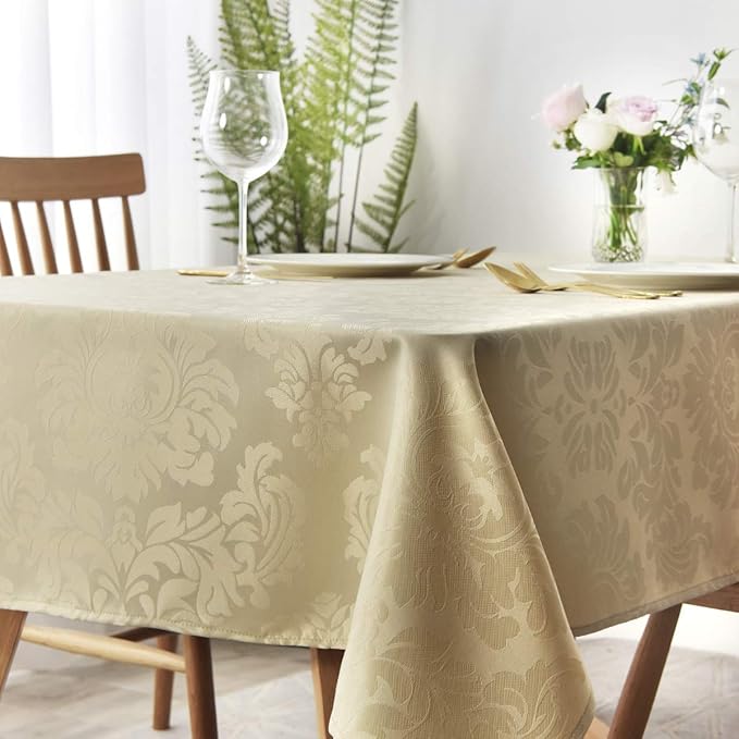 maxmill Jacquard Tablecloth Damask Design Water Resistance Antiwrinkle Heavy Weight Soft Table Cloth for Buffet Banquet Parties Event Holiday Dinner Square 60 x 60 Inch Beige