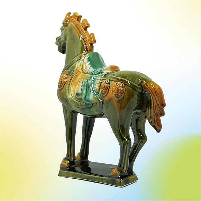 Handmade -Tang Dynasty Tri-Color Horse Sculpture Ceramic Horse-19cm Cultural Art Piece for Home,Bookcase or Office Decor (Grass Green)