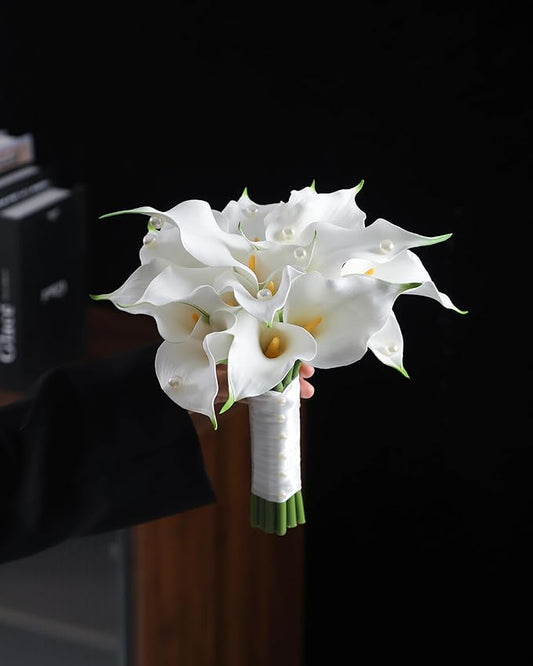Round Bridal Bouquet:16 Stems White Calla Lily Pearl Bouquet EVA Real Touch-Wedding Bouquet for Bride/Bridesmaid