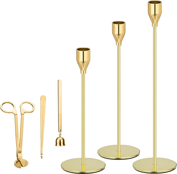 Gold Taper Candle Holders, Candlestick Holders, Candle Holders with 3 in 1 Candle Accessory Set, Metal Candle Stand for Mantle Table Centerpiece, Weddings, Dining, Housewarming(Set of 6)