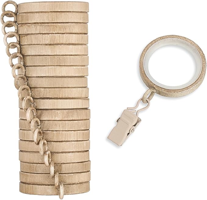 MODE Cambria Designer Series - Premium Easy Glide 18 Count Small Curtain Rings - Metal with Nylon Inserts and Clips - 1 inch Inner Diameter - use for rods 5/8" or Smaller - Weathered Oak