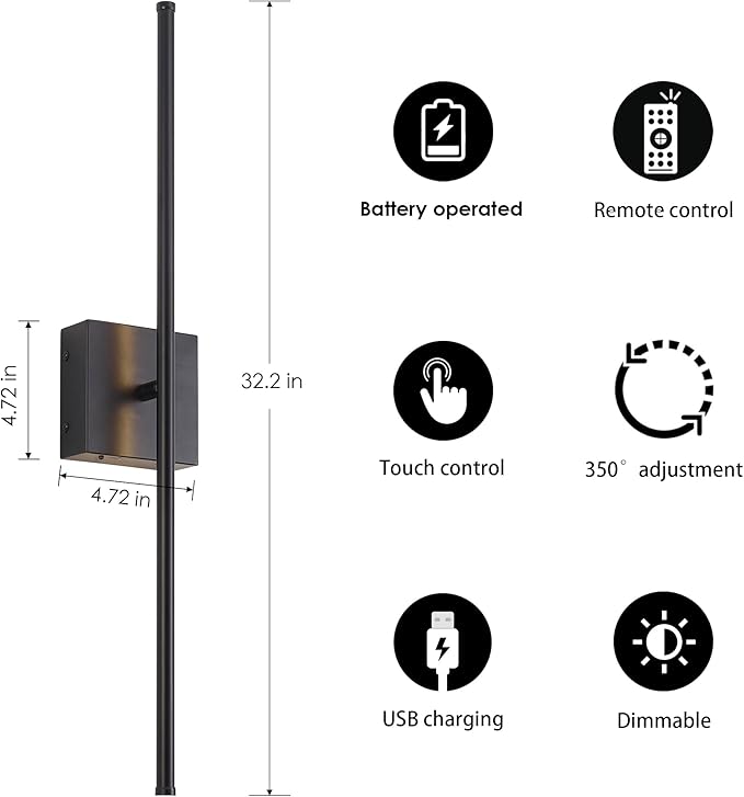 Battery Operated Wall Sconces with Remote Control, Dimmable Wall Sconces Set of Two, 350°Rotate, 3000K LED Black Wireless Wall Light for Living Room, Hallway, Bedroom, 32.2 Inch (2 Pack)