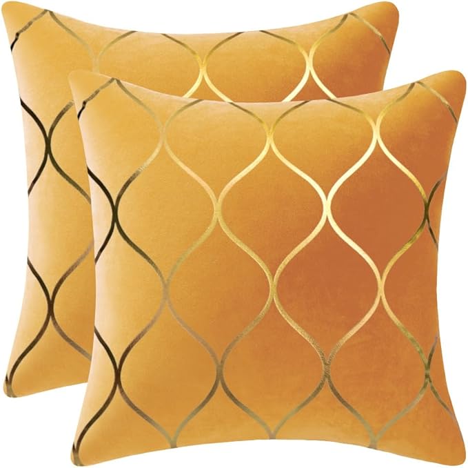 16x16 Inch Gold Velvet Throw Pillow Covers: 2 Pack Square Decorative Pillow Cases for Bedroom Sofa Couch Living Room, Yellow