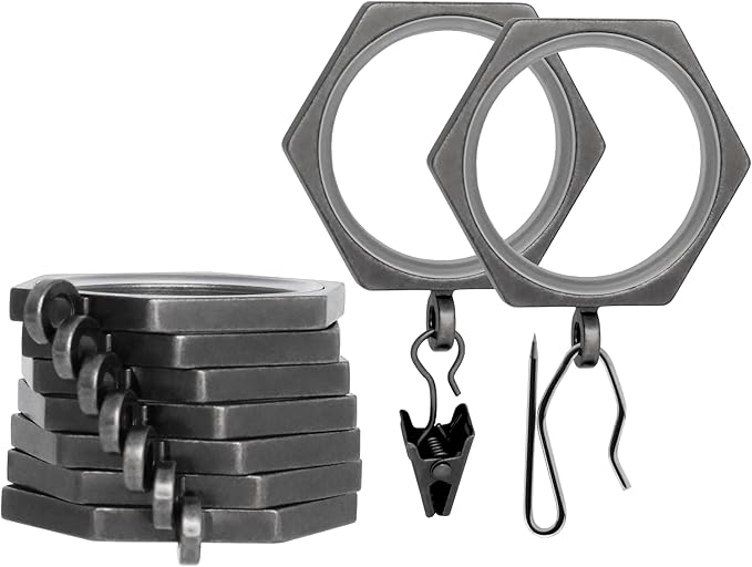 BlastHome® Luxury Curtain Rings - Premium Metal with Quiet, Smooth Nylon Inserts - Pinhooks and Clips Included - 1 1/2" Inside Diameter - 9 Rings for One Standard Curtain - Gunmetal/Pewter