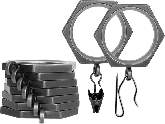BlastHome® Luxury Curtain Rings - Premium Metal with Quiet, Smooth Nylon Inserts - Pinhooks and Clips Included - 1 1/2" Inside Diameter - 9 Rings for One Standard Curtain - Gunmetal/Pewter