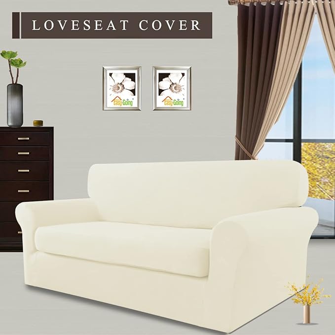 Easy-Going Stretch Sofa Slipcover, 2-Piece Sofa Cover Furniture Protector Couch Microfiber Super Soft Sturdy with Elastic Bottom Pets, Kids, Children (Loveseat, Ivory)