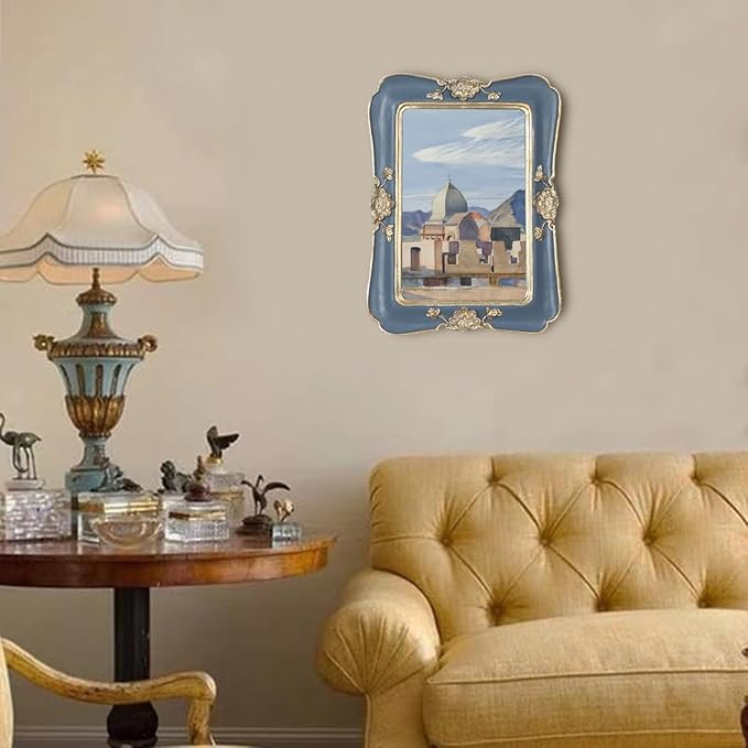 WINPLUS+ Vintage Picture Frame 5x7, Wall Mount and Tabletop Display, Art Gallery Gift (Blue and Gold 5x7)