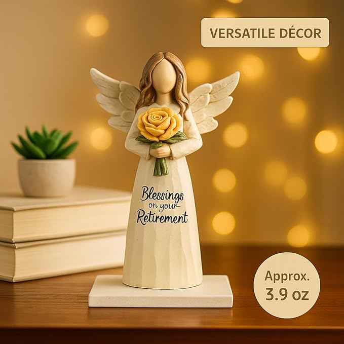 Retirement Angel Figurine, Hand-Painted Resin Keepsake with Yellow Rose – “Blessings on Your Retire ment” Figure, 5.4" Desk Mantel Décor Thoughtful Gift for Coworker Teacher Nurse Women (Retirement)