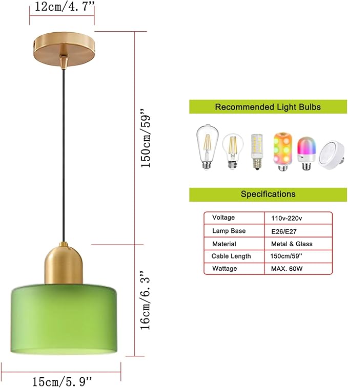 Modern Glass Pendant Light, E26 Hanging Light Fixture with Gold Metal Socket, Adjustable Cord Ceiling Lighting for Kitchen, Dining Room, and Bedroom (Frosted Green)
