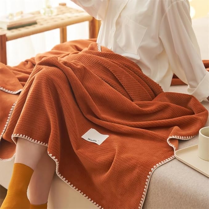 Luxury Super Soft Cozy Milk Flannel Velvet Waffle Weave Blanket, Pet Cats Feeling, Nordic Modern Aetec Style, Lightweight Warm Plush Throw Blanket Couch Bed Sofa Chair, Burnt Orange 50"x60"