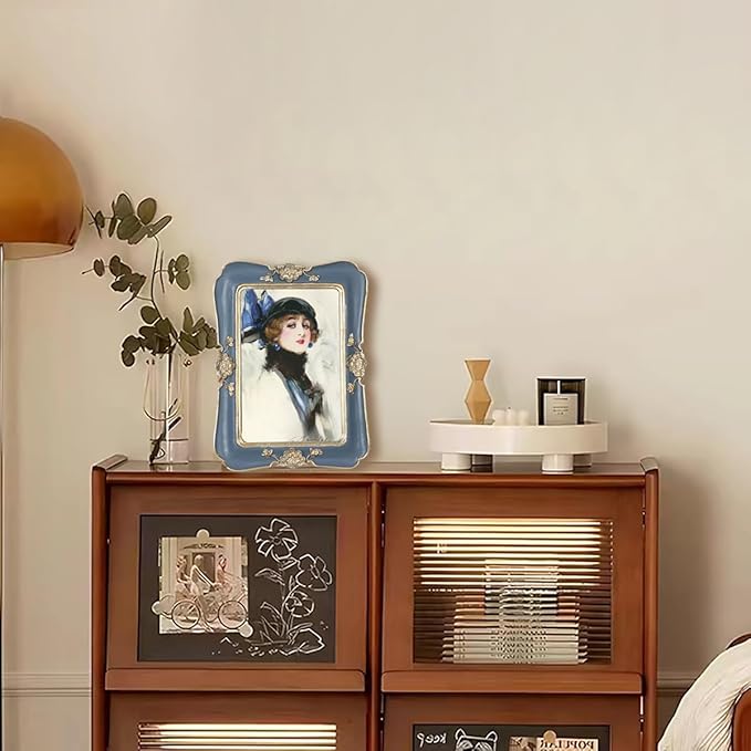 WINPLUS+ Vintage Picture Frame 5x7, Wall Mount and Tabletop Display, Art Gallery Gift (Blue and Gold 5x7)