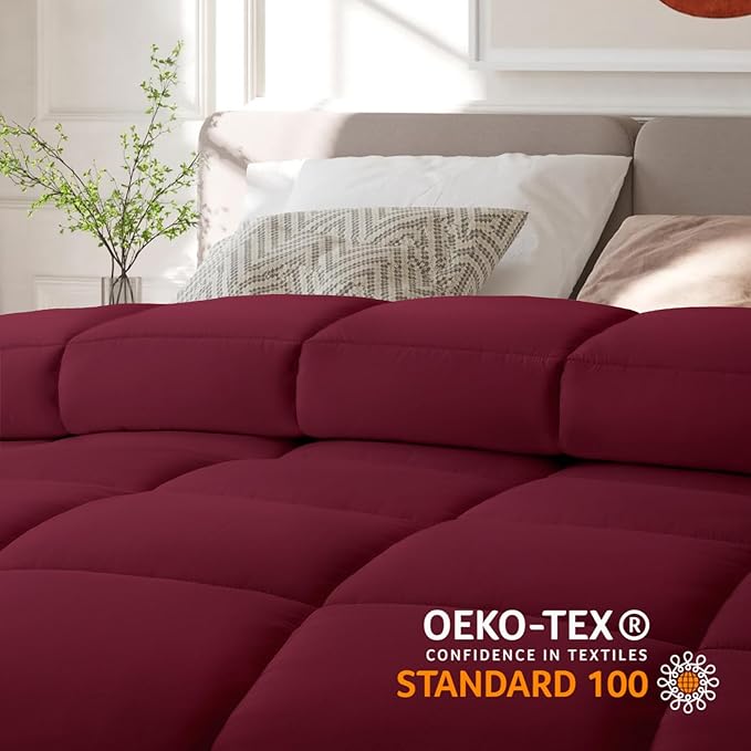 COHOME Quilted Twin XL Size Comforter - All-Season Down Alternative Duvet Insert - Luxury Hotel Soft Breathable Burgundy Comforter with Anti-Clump Tech & 8 Tabs -Reversible （68"x92"）