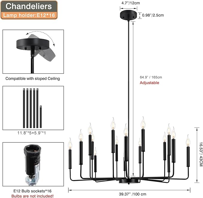 Modern Farmhouse Black Chandelier, 16-Light Rustic Candle Chandelier, Industrial Hanging Chandeliers for Dining Room, Living Room, Kitchen, Foyer, Entryway