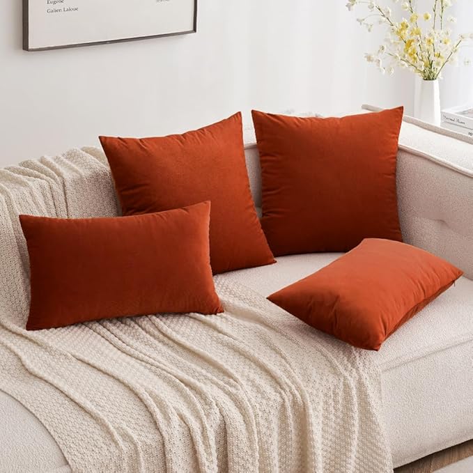 MIULEE Pack of 2 Burnt Orange Velvet Throw Pillow Covers 12x20 Inch Soft Solid Fall Decorative Set Lumbar Autumn Cushion Case Home Decor for Couch Sofa Bedroom