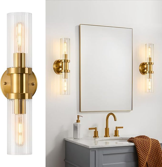 Gold Wall Sconces, 17.5 inch Modern Wall Sconces Lighting with Stripped Glass Shade, 2-Light Inch Gold Vanity Light Wall Lamp for Mirror Bathroom Kitchen Living Room