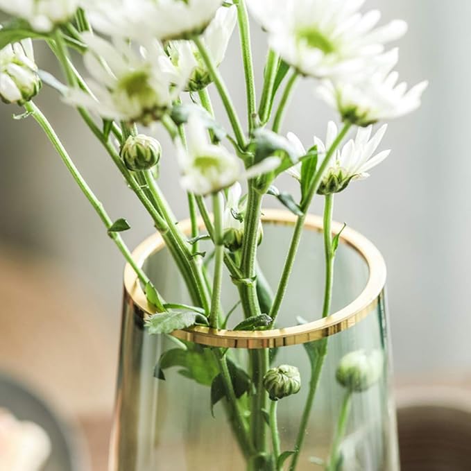 Green Glass Flower Vase with Gold Mouth for Centerpieces Home Wedding Decoration (1, Small)