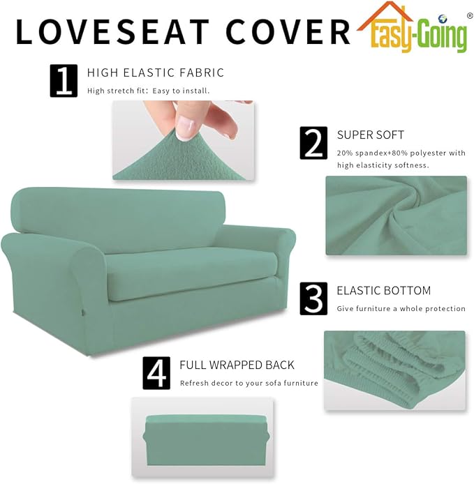 Easy-Going 2 Pieces Microfiber Stretch Sofa Slipcover – Spandex Soft Fitted Sofa Couch Cover, Washable Furniture Protector with Elastic Bottom Kids, Pet (Loveseat, Cyan)