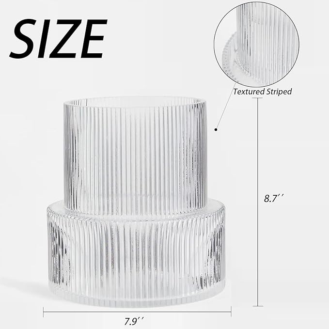 Ribbed Glass Vase, Large Glass Vase for Flowers, Fluted Glass Vases, Clear Glass Vases for Living Room, Office, Dining Table, Entryway, Mantle, Shelf, Wedding, 9 Inches
