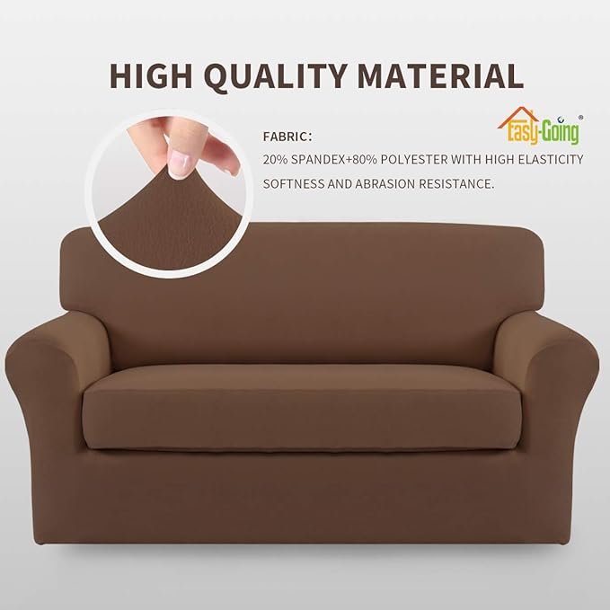 Easy-Going 2 Pieces Microfiber Stretch Sofa Slipcover – Spandex Soft Fitted Sofa Couch Cover, Washable Furniture Protector with Elastic Bottom Kids, Pet (Loveseat, Brown)