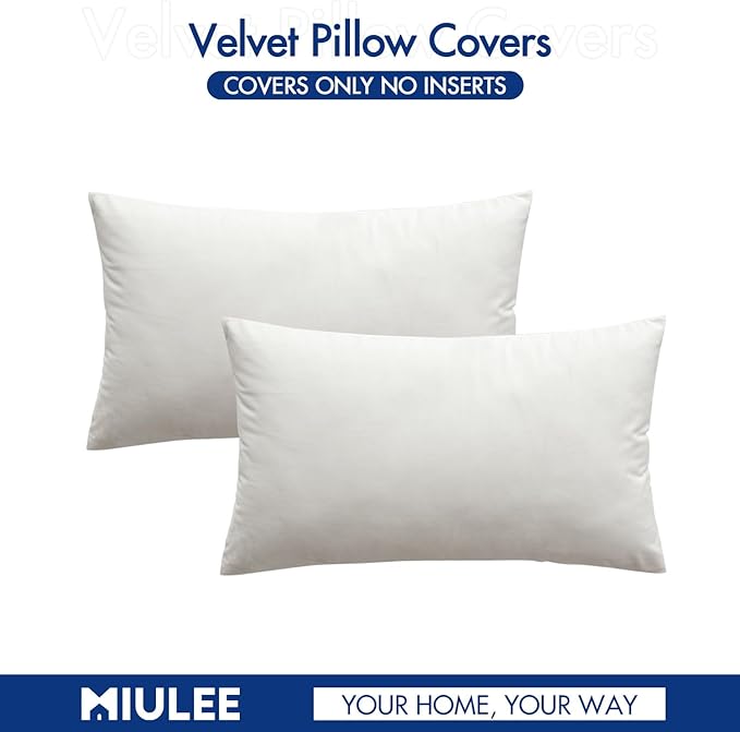 MIULEE Pack of 2 Velvet Soft Solid Decorative Square Throw Pillow Covers Set Christmas Cushion Case for Spring Couch Sofa Bedroom Car 12x20 Inch 30x50 cm Pure White