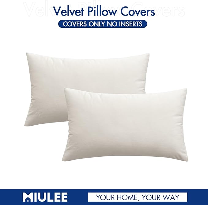 MIULEE Pack of 2 Velvet Soft Solid Decorative Square Throw Pillow Covers Set Christmas Cushion Case for Spring Couch Sofa Bedroom Car 12x20 Inch 30x50 cm Cream White