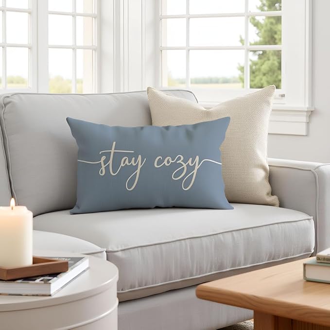 PANDICORN Dusty Blue Throw Pillow Cover 12x20 Inch, Stay Cozy Decorative Lumbar Cushion Case for Couch Sofa Bed, Neutral Farmhouse Living Room or Bedroom Home Decor