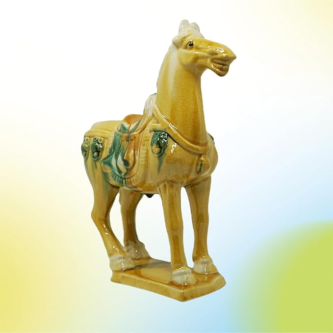 Handmade -Tang Dynasty Tri-Color Horse Sculpture Ceramic Horse-19cm Cultural Art Piece for Home,Bookcase or Office Decor (Yellow)