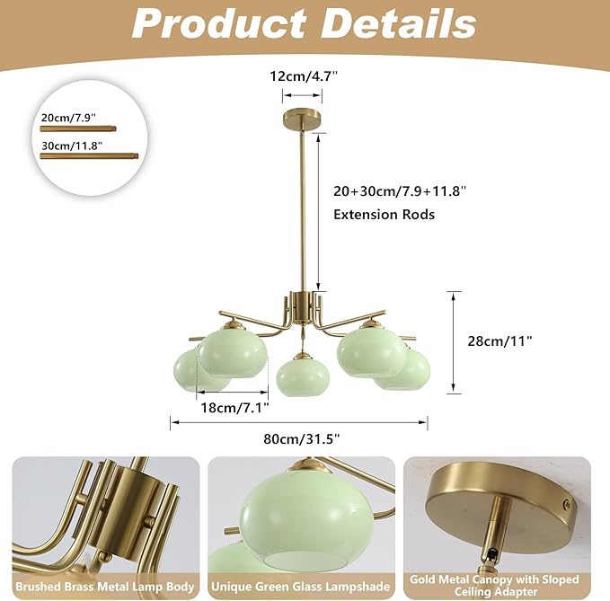 KCO Lighting Green Glass Pendant Light 5 Light Large Globe Chandelier Brushed Brass Sputnik Chandelier Mid Century Modern Chandelier Light Fixture for Dining Room Bedroom