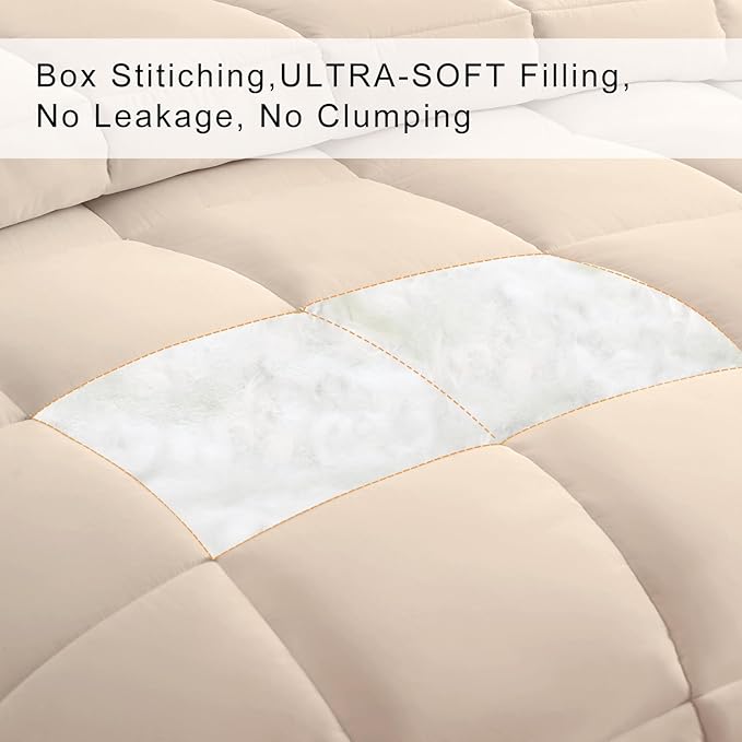 COHOME Quilted Oversized Queen Size Comforter - All-Season Down Alternative Duvet Insert - Luxury Hotel Soft Breathable Beige Comforter with Anti-Clump Tech & 8 Tabs- Reversible （98"x98"）